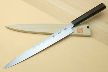 Japanese sushi sashimi knife with mirror-polished steel blade and ebony handle