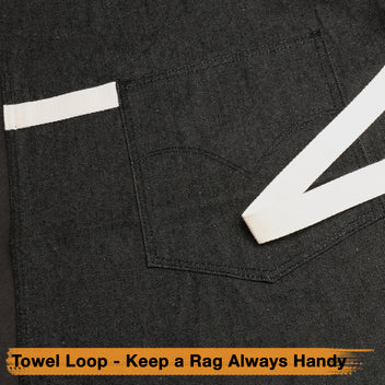 Dark denim kitchen apron with chest pocket and stitched towel loop