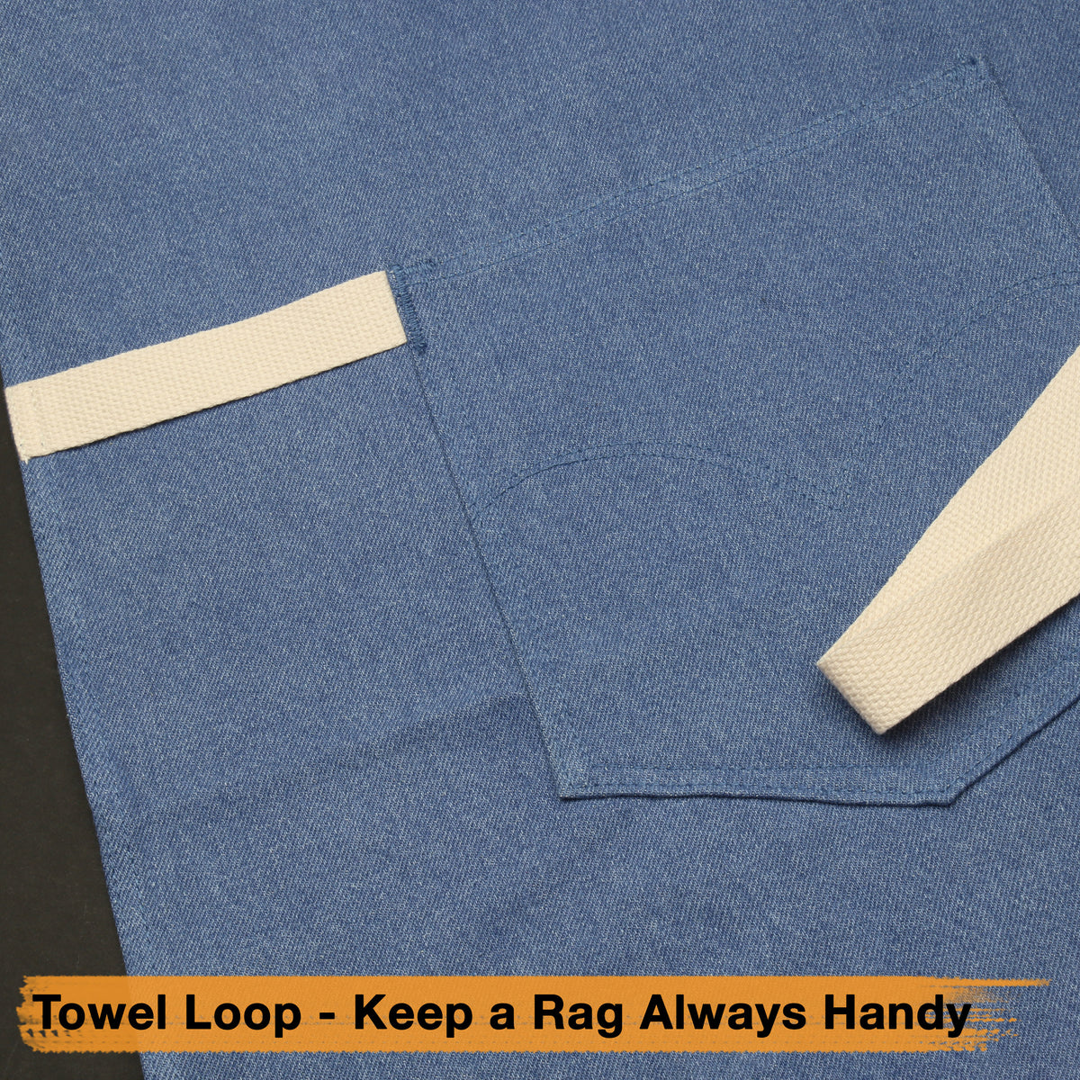 Light blue denim apron with front pocket, cream neck straps, and belt ties