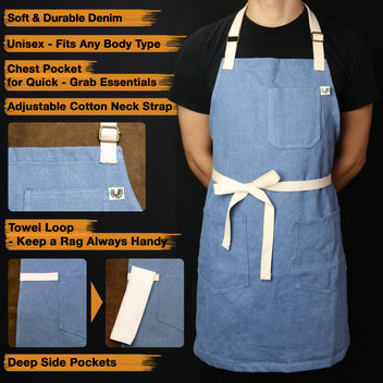 Light blue denim kitchen apron with chest pocket, deep side pockets, and towel loop