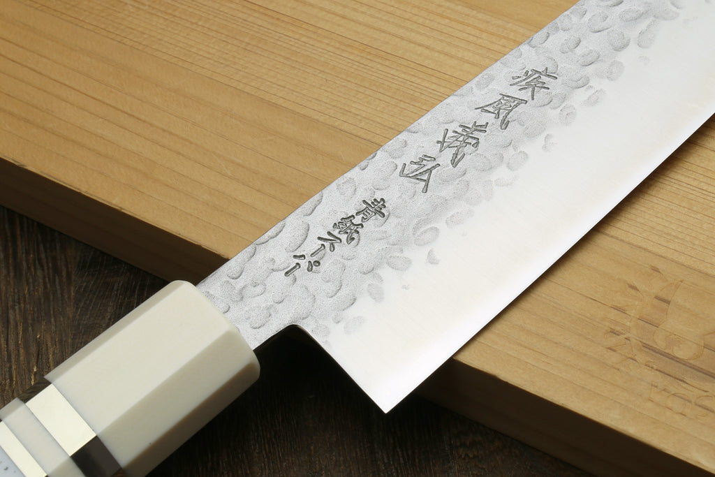 Yoshihiro Super Blue Steel Stainless Clad Hammered Gyuto Chefs Knife Howlite White Handle with Alternative Ivory Bolster (9.5" (240mm))