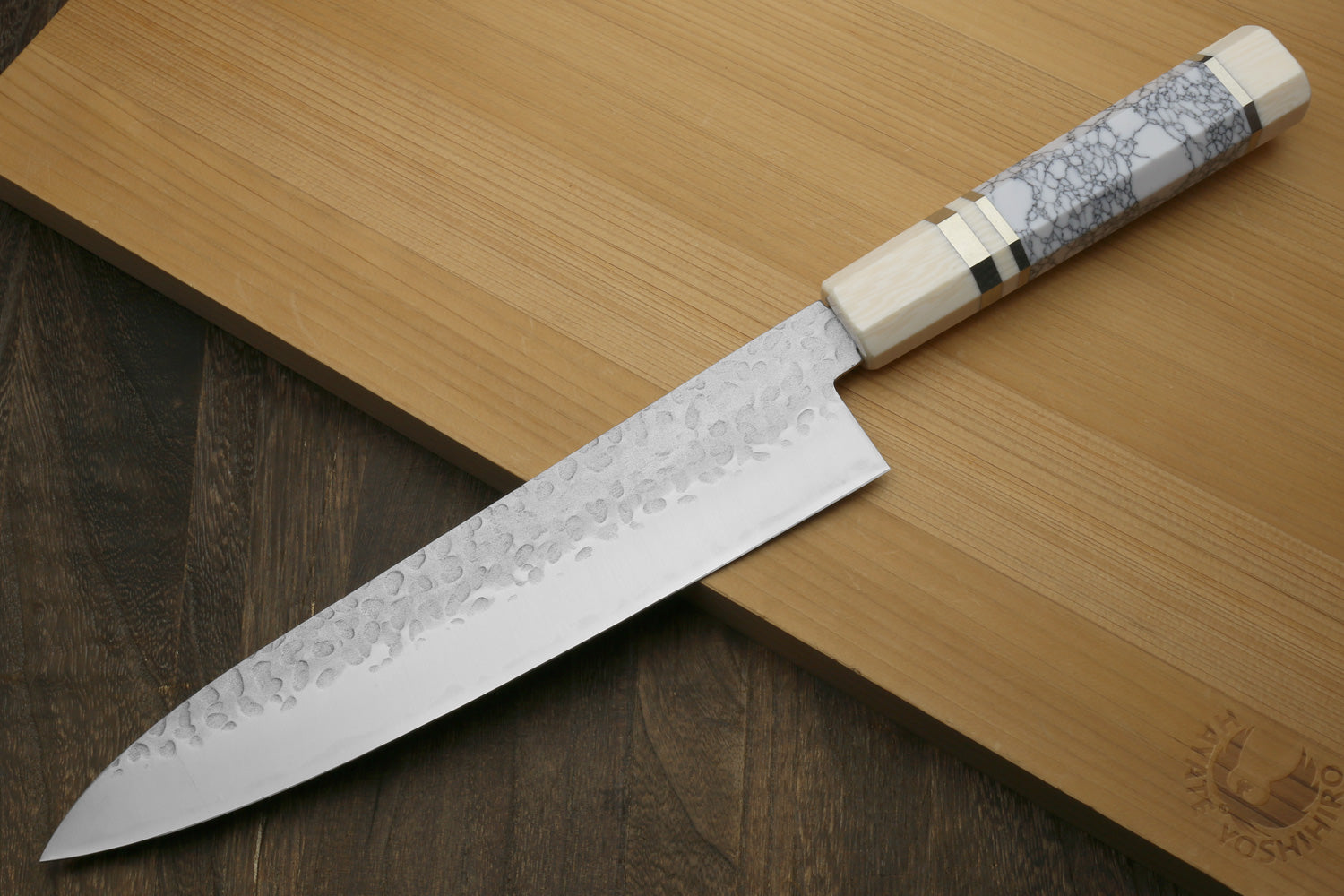 Yoshihiro Super Blue Steel Stainless Clad Hammered Gyuto Chefs Knife Howlite White Handle with Alternative Ivory Bolster (9.5" (240mm))