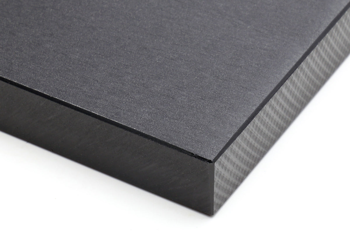 Close-up of a black cutting board corner, textured top and smooth side