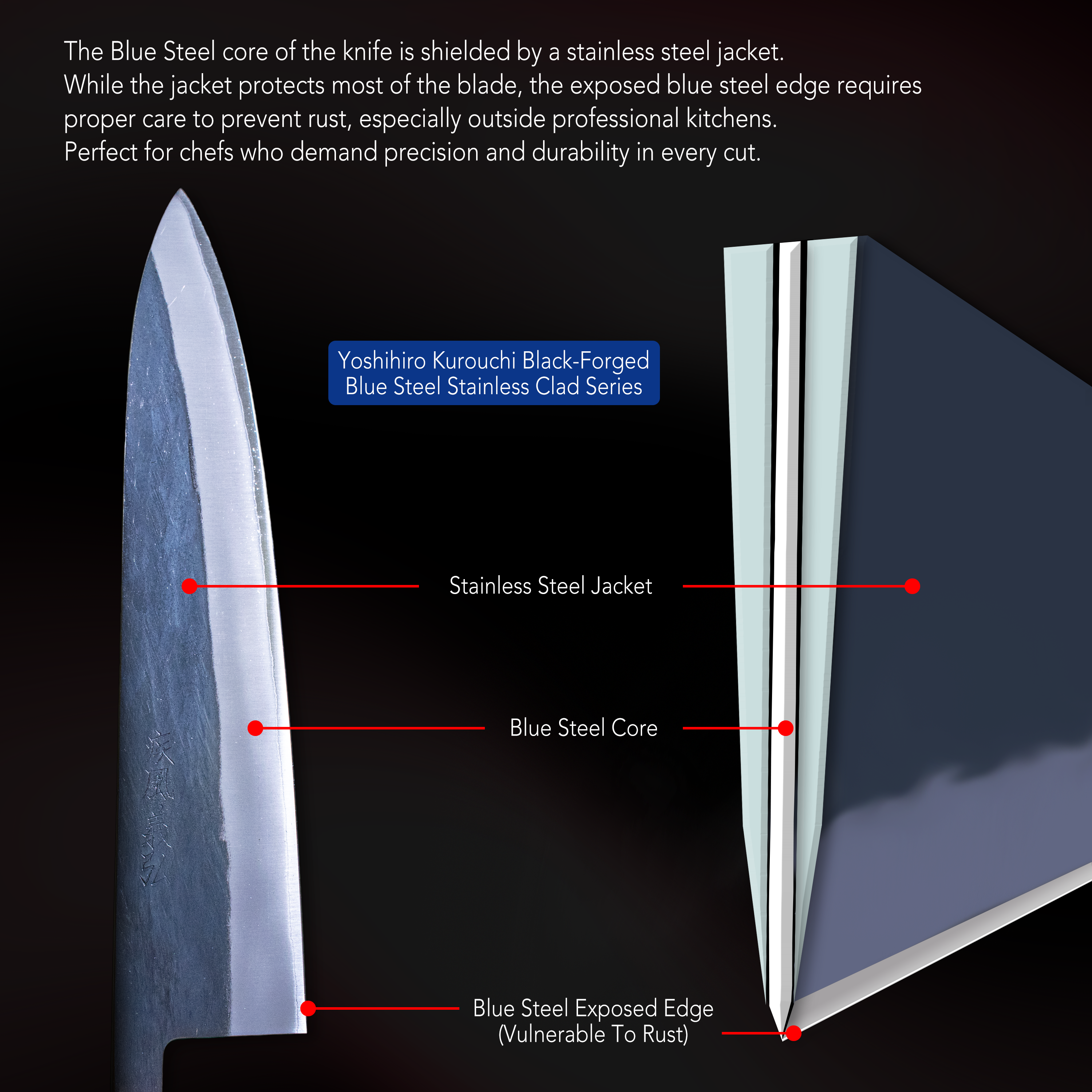 Yoshihiro Kurouchi Black-Forged Blue Steel Stainless Clad Gyuto