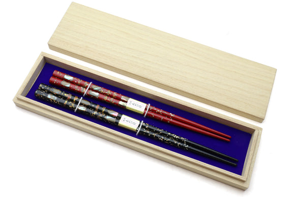 Japanese Premium Chopsticks Black & Red 2pc Set with Traditonal Abalone Shell Pattern in fine Japanese paulownia wood case Ver.1