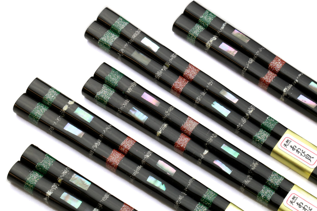 Japanese Premium Chopsticks Black 5pc Set With Traditonal Abalone Shell Pattern in Fine Japanese Paulownia Wood Case VER.1