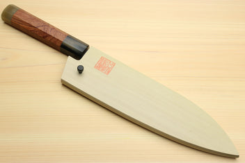 Damascus santoku chef knife with ironwood handle, brass-toned bolster