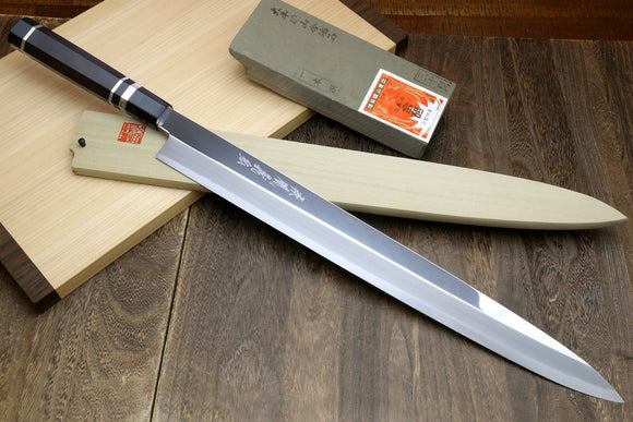 Yoshihiro Ginsanko Mirror Polished Stain Resistant Steel Maguro Bocho Tuna Knife with Triple Silver Ring Ebony Handle (Yanagi Style) *Blade Length 17.7
