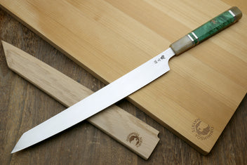 Japanese sushi knife with mirror-finished stainless blade and green-accent stabilized maple handle