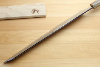 Japanese sushi knife with mirror-finished stainless blade and green-accent stabilized wood handle