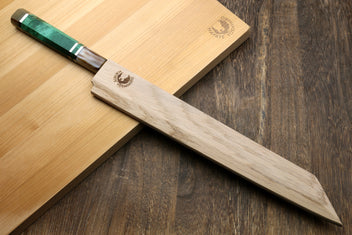 Japanese sushi knife with mirror-finished stainless blade and green-accent handle