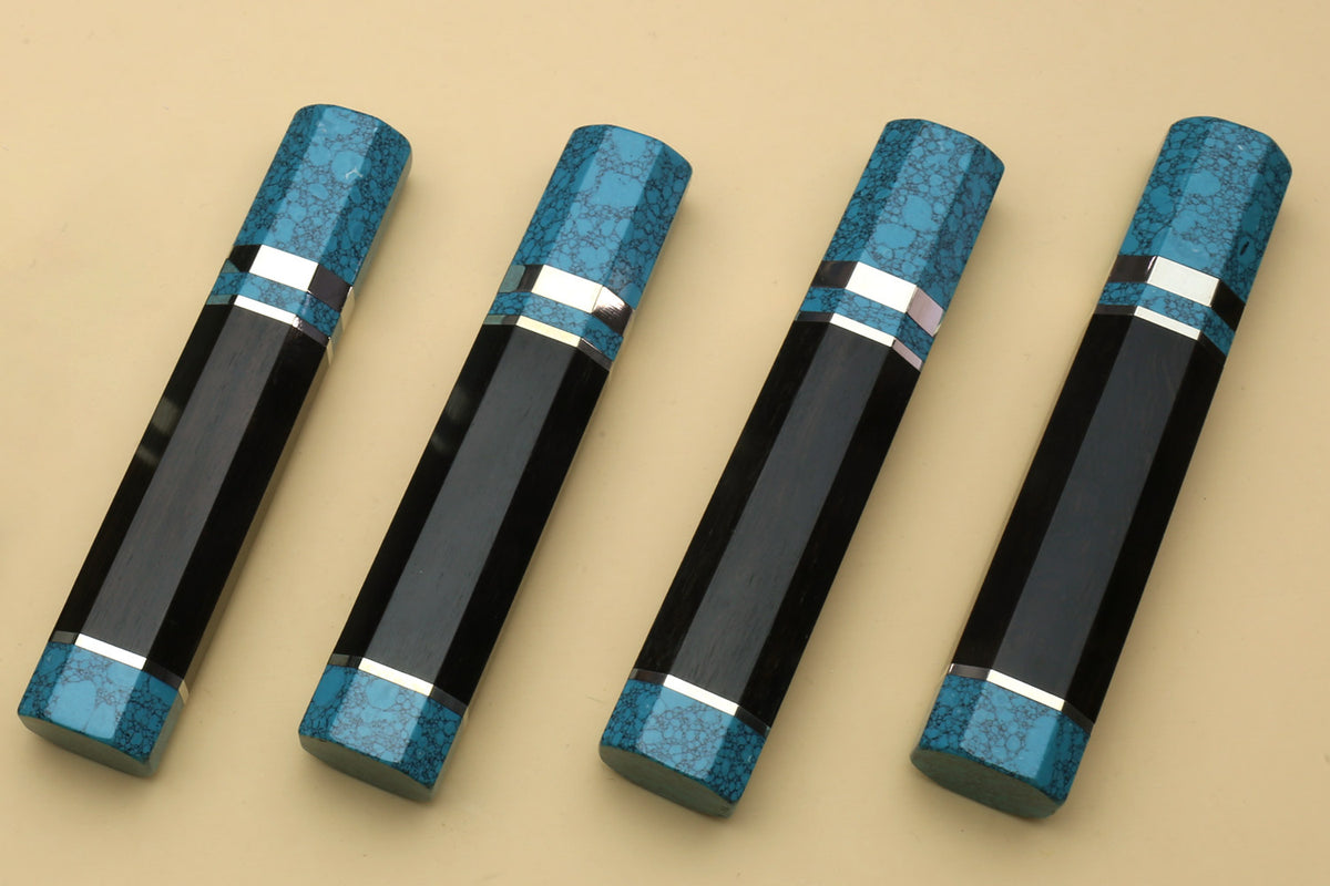 Set of four turquoise-blue knife handles with black cores and white stripes, for Gyuto knives