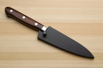 Paring knife with dark brown wood handle, hammered Damascus blade, in black sheath