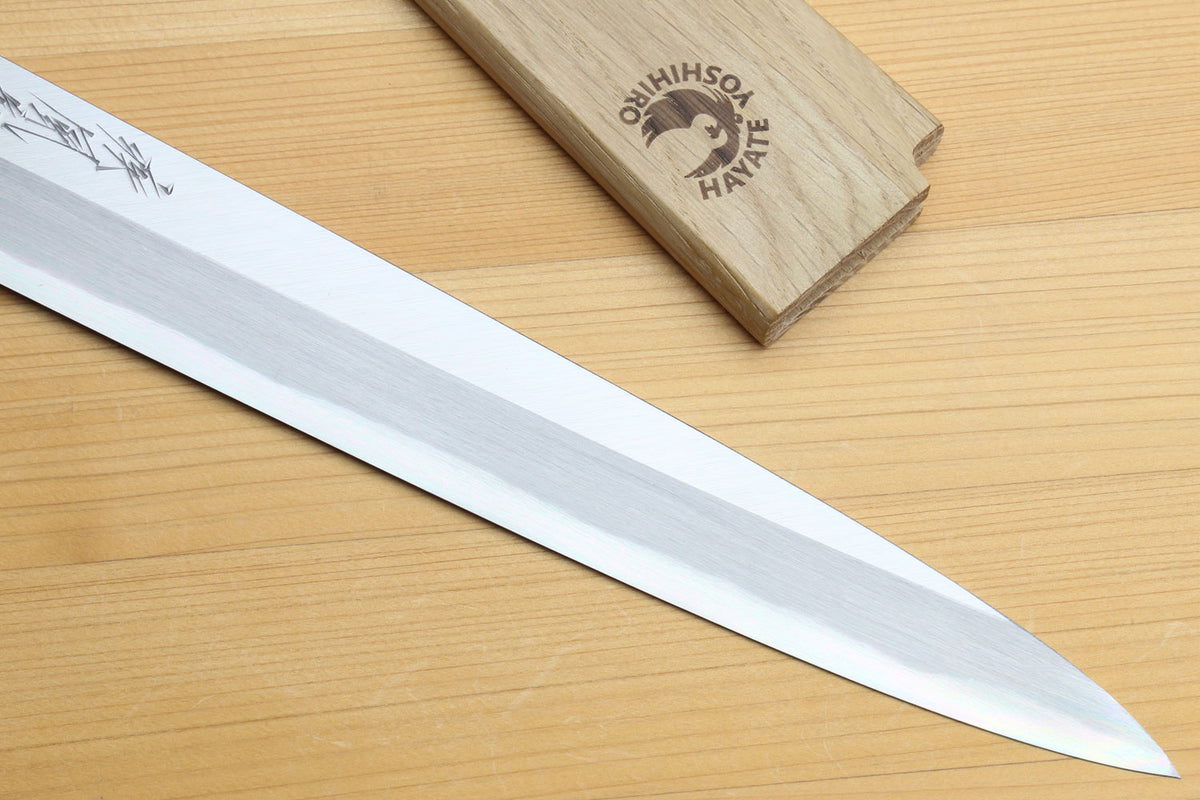 Sashimi knife blade, polished silver steel with a long, pointed cutting edge