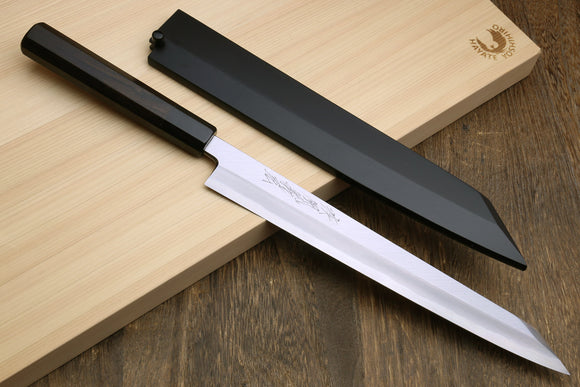 Yoshihiro Hongasumi White Steel Yanagi-Kiritsuke Sushi Sashimi Japanese Knife Ebony Handle with Nuri Saya Cover