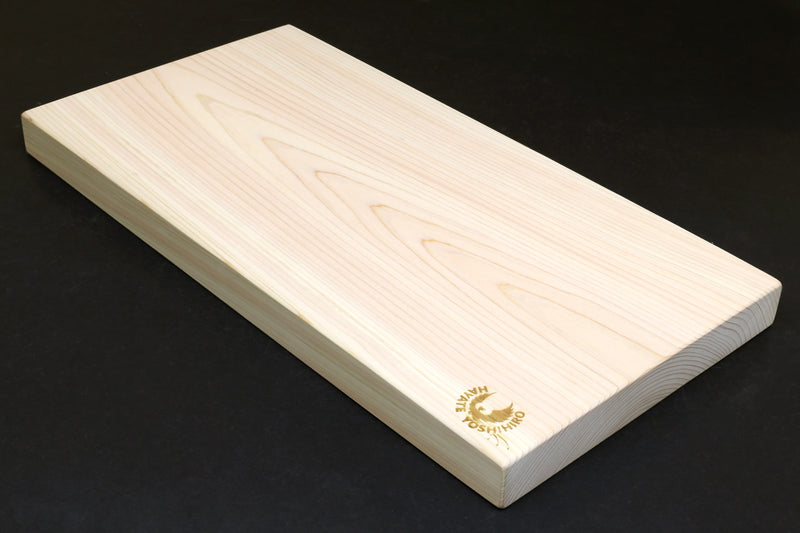 Hinoki Japanese cypress cutting board, one-piece plank with engraved gold logo