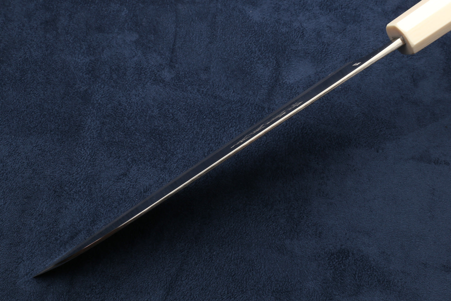 Knife with a water buffalo horn bolster handle on a dark blue background