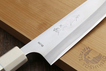 HAP40 gyuto blade with etched markings and white bolster, ocean-blue handle