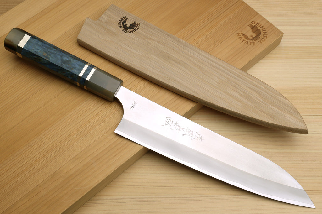 Yoshihiro High Speed Steel HAP40 Gyuto Chefs Knife with Ocean Blue Handle and Magnolia Saya Cover