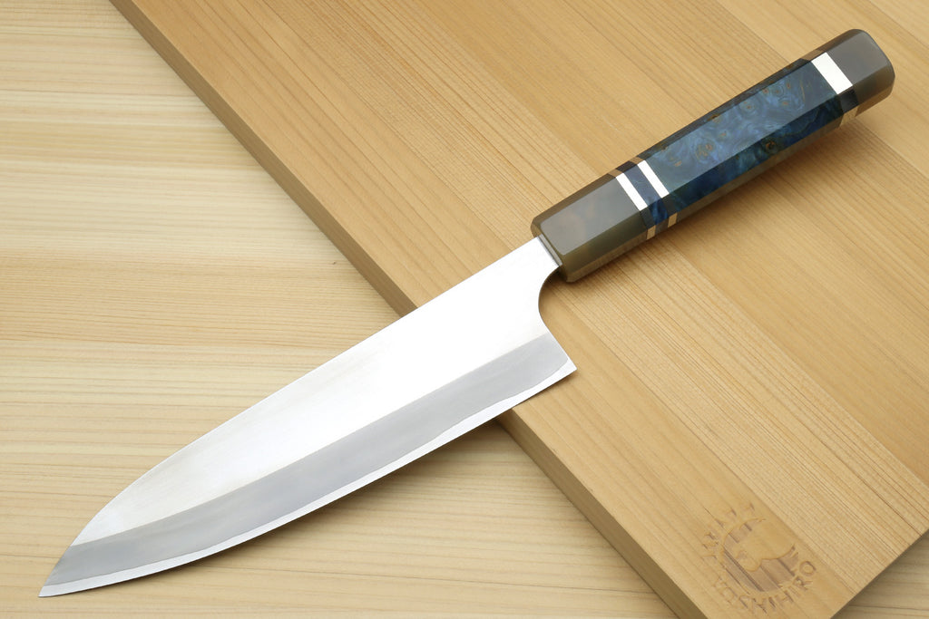 Yoshihiro High Speed Steel HAP40 Gyuto Chefs Knife with Ocean Blue Handle and Magnolia Saya Cover