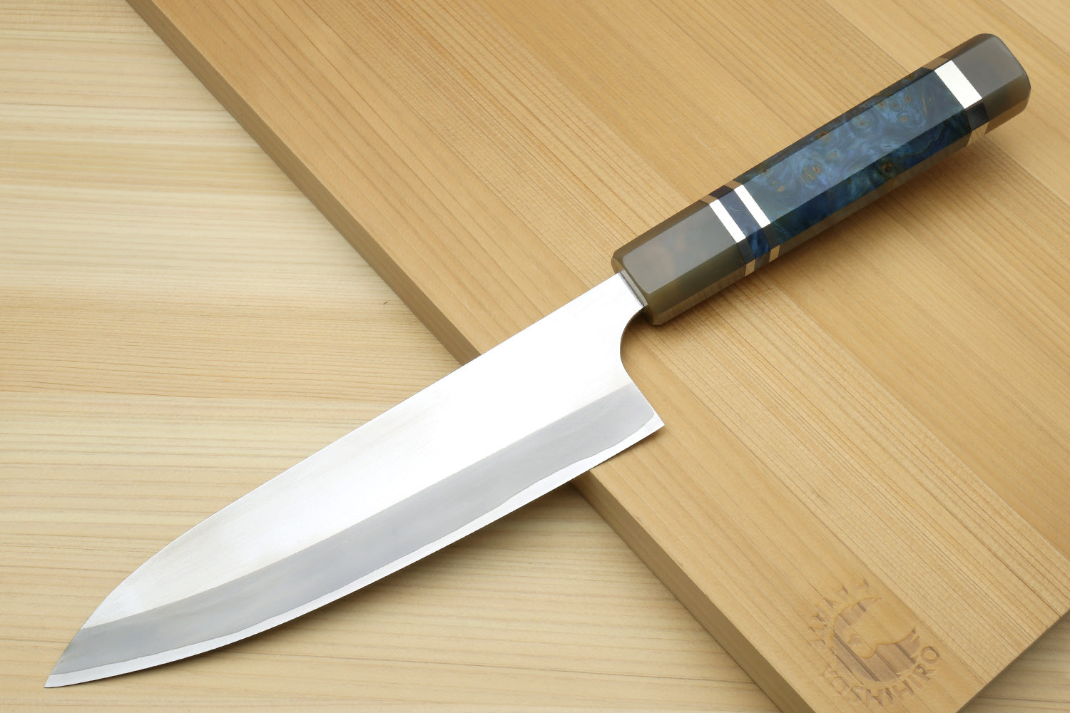 Yoshihiro High Speed Steel HAP40 Gyuto Chefs Knife with Ocean Blue Handle and Magnolia Saya Cover