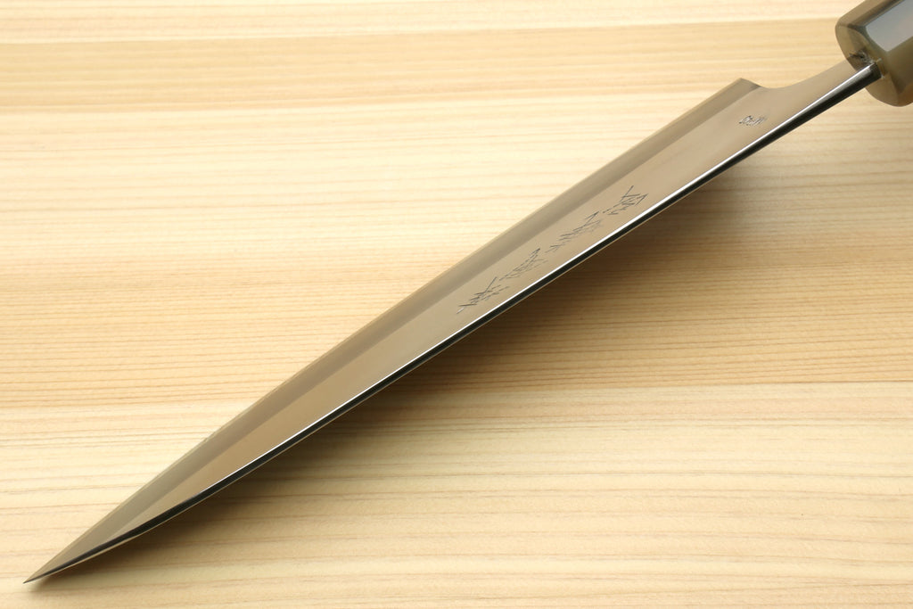 Yoshihiro High Speed Steel HAP40 Gyuto Chefs Knife with Ocean Blue Handle and Magnolia Saya Cover