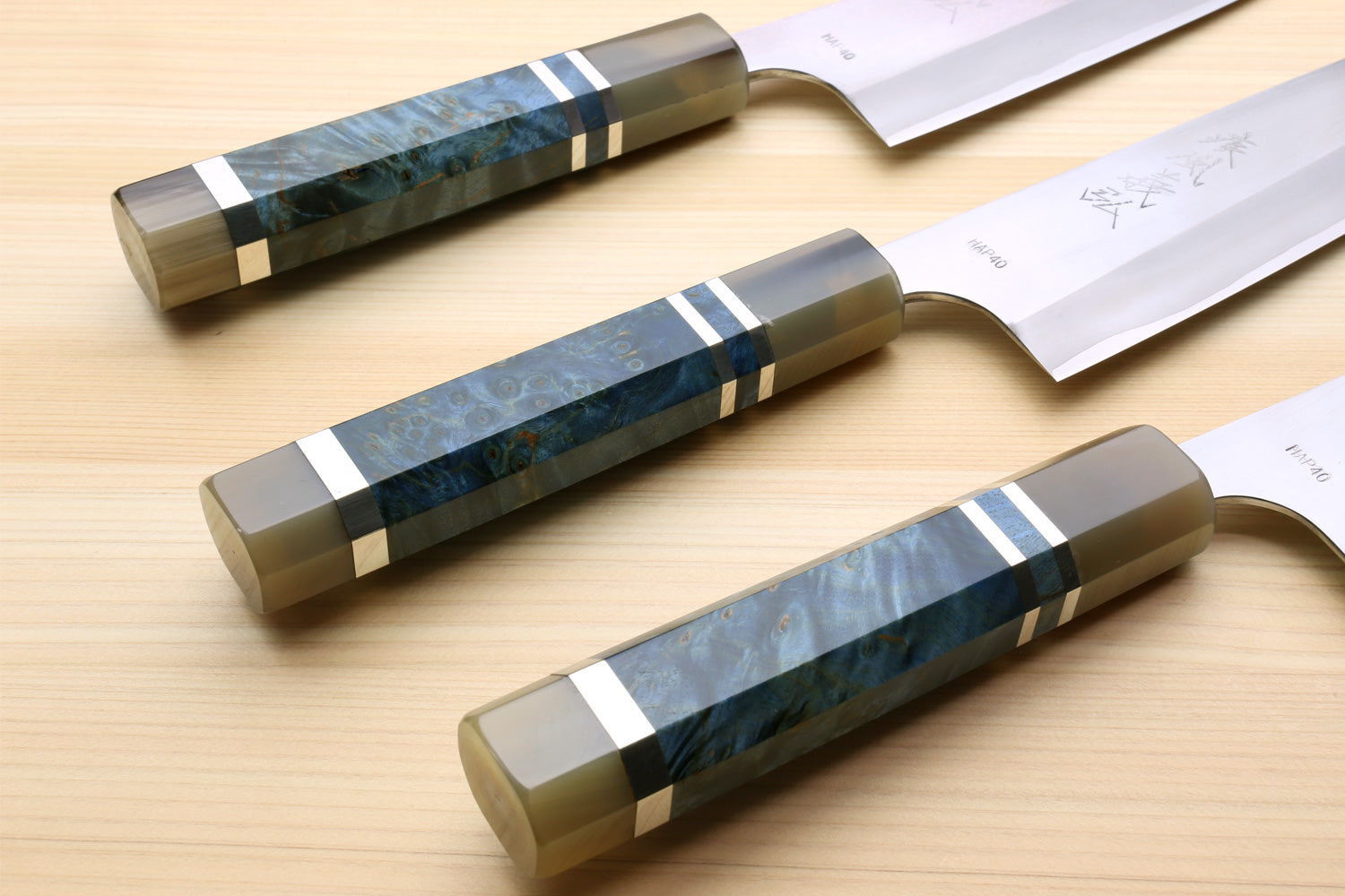 Yoshihiro High Speed Steel HAP40 Gyuto Chefs Knife with Ocean Blue Handle and Magnolia Saya Cover