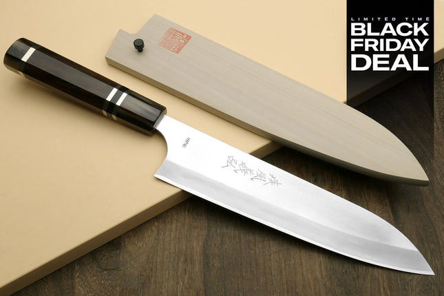 (BF Sale) Yoshihiro High Speed Steel HAP40 Gyuto Chefs Knife with Triple Ring Ebony Handle with Magnolia Saya Cover (Blade Length 8.25" (210mm))
