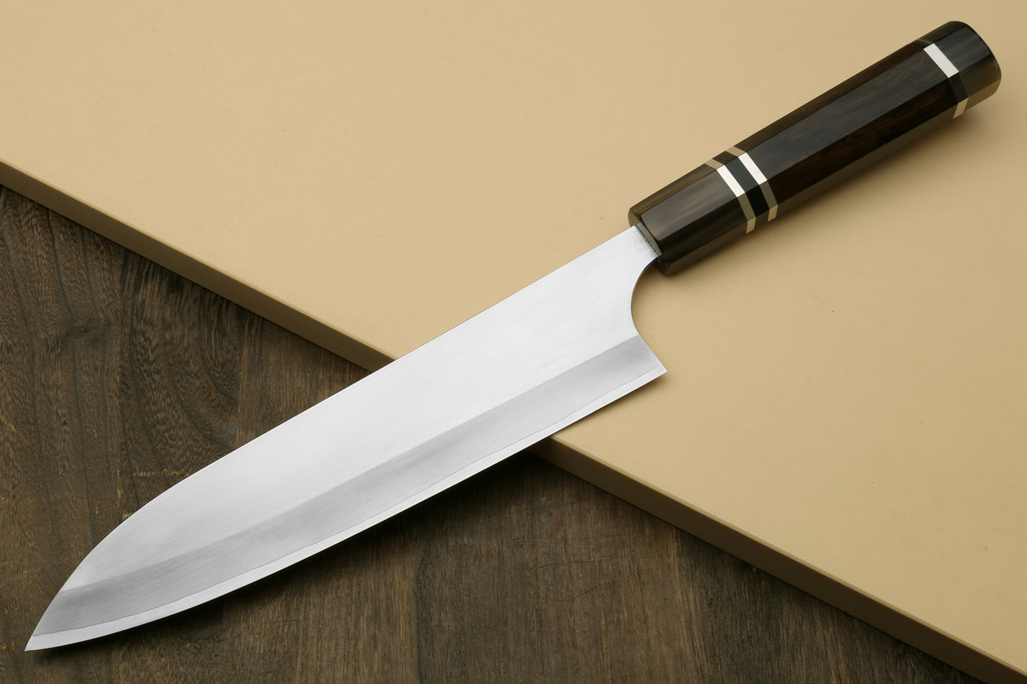 Yoshihiro High Speed Steel HAP40 Gyuto Chefs Knife with Triple Ring Ebony Handle with Magnolia Saya Cover