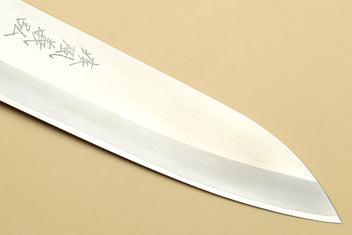 Chef knife blade with smooth edge and shallow bevel