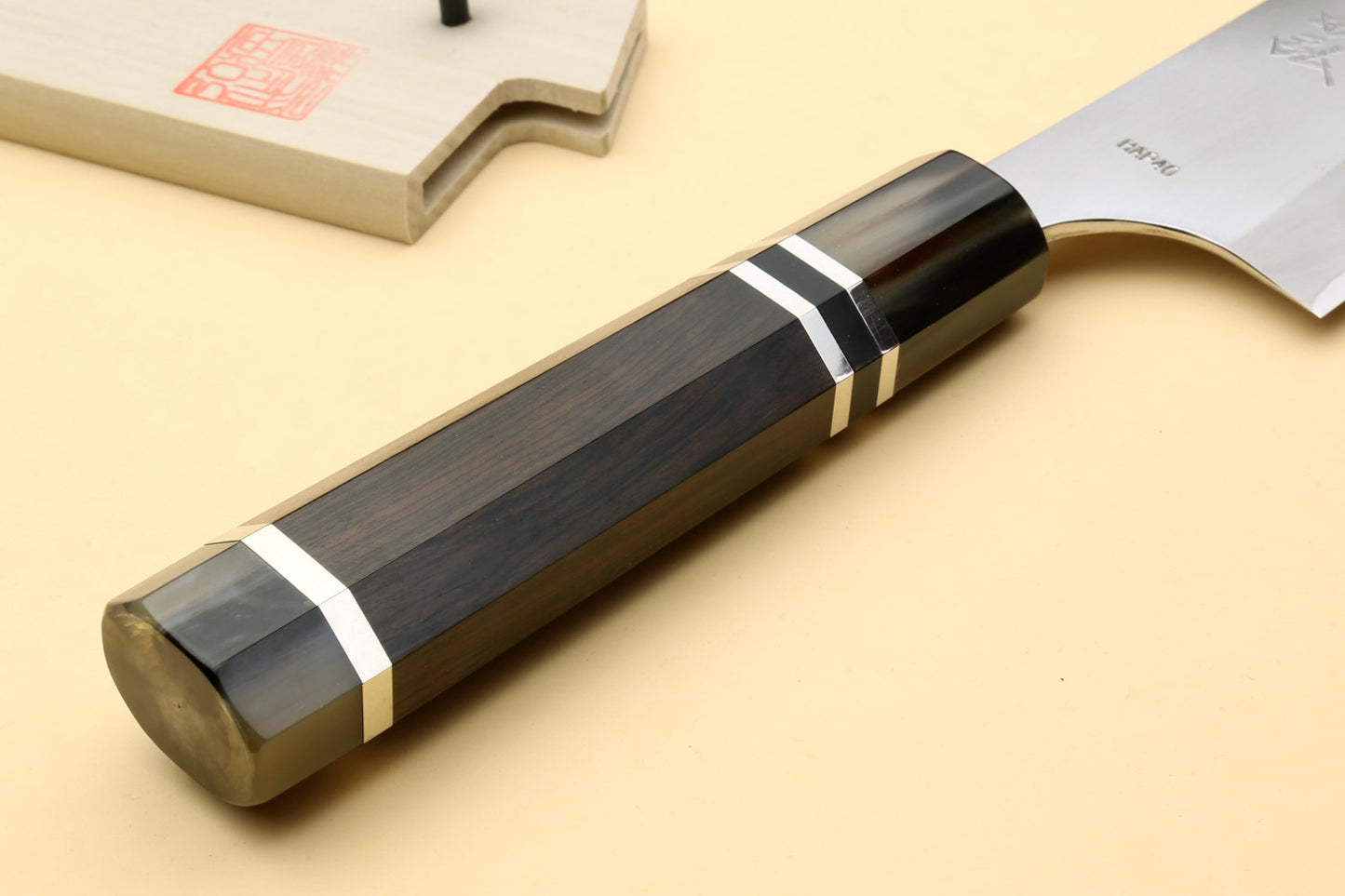Yoshihiro High Speed Steel HAP40 Gyuto Chefs Knife with Triple Ring Ebony Handle with Magnolia Saya Cover