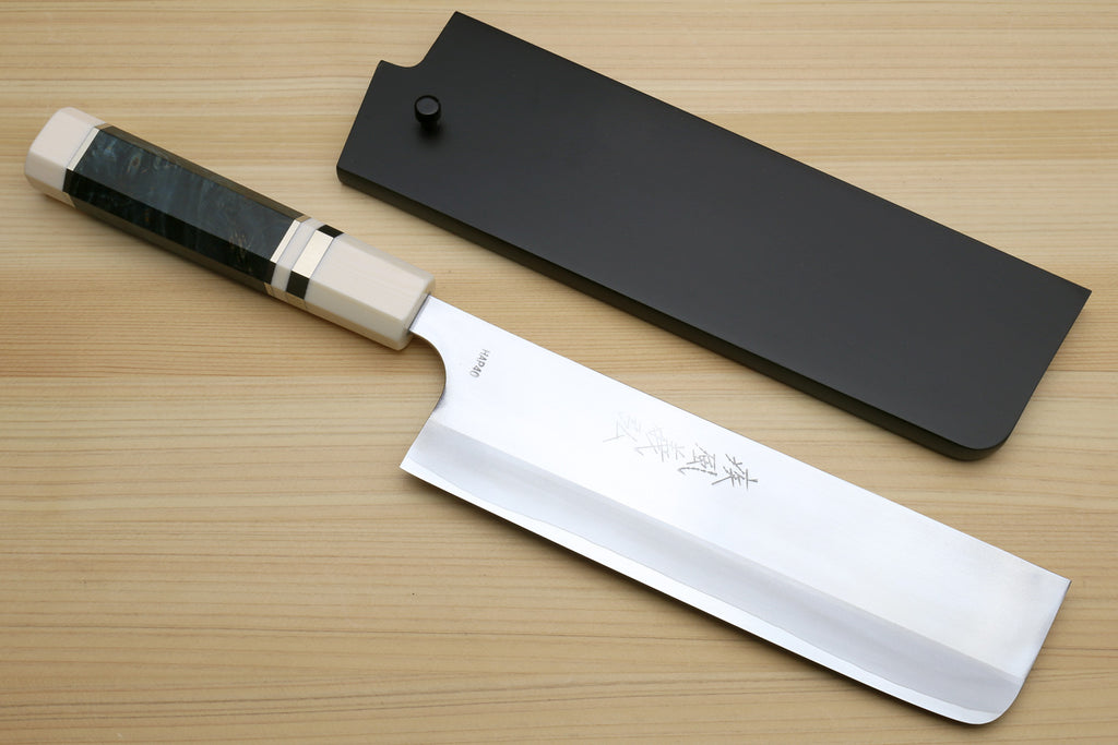 Yoshihiro High Speed Steel HAP40 Nakiri Vegetable Chefs Knife with Ocean Blue Handle with Ivory Bolster