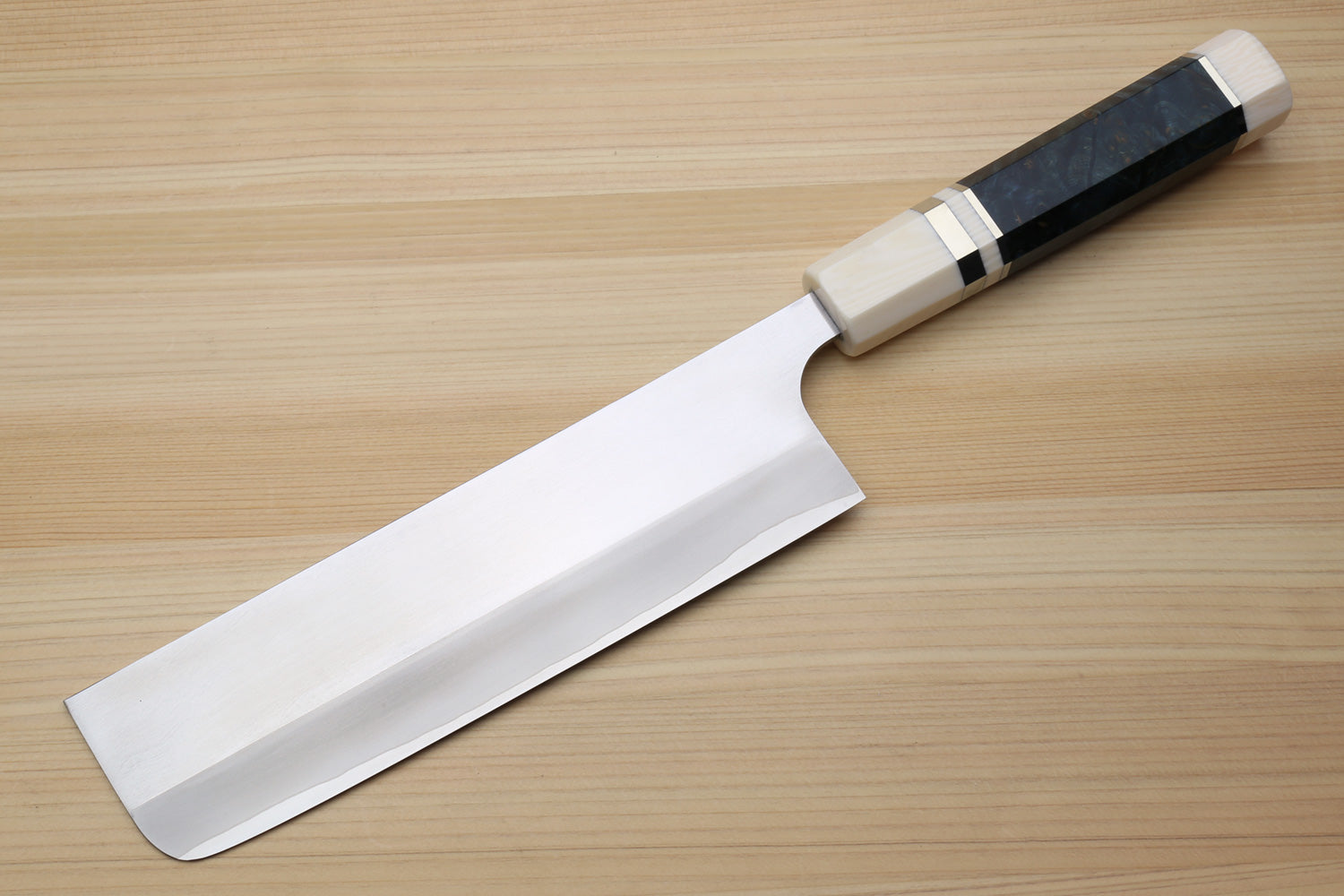 Yoshihiro High Speed Steel HAP40 Nakiri Vegetable Chefs Knife with Ocean Blue Handle with Ivory Bolster