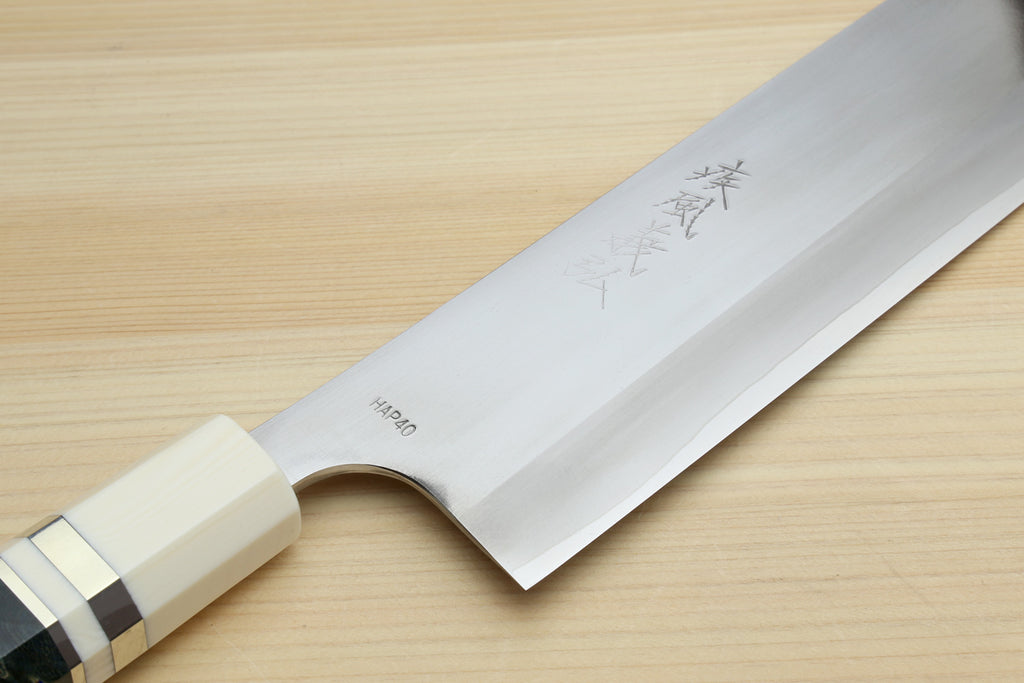 Yoshihiro High Speed Steel HAP40 Nakiri Vegetable Chefs Knife with Ocean Blue Handle with Ivory Bolster