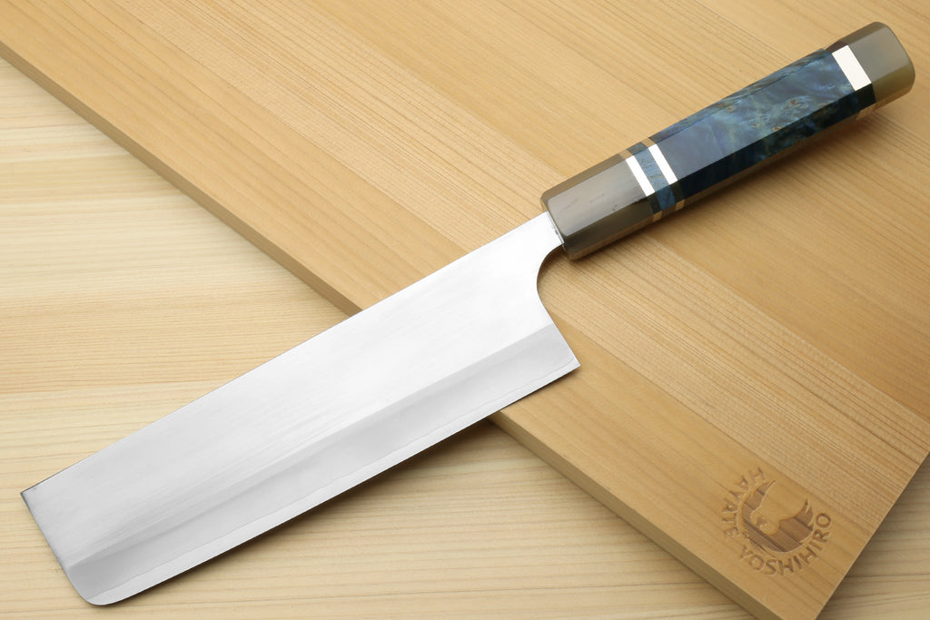 Yoshihiro High Speed Steel HAP40 Nakiri Vegetable Chefs Knife with Ocean Blue Handle and Magnolia Saya Cover
