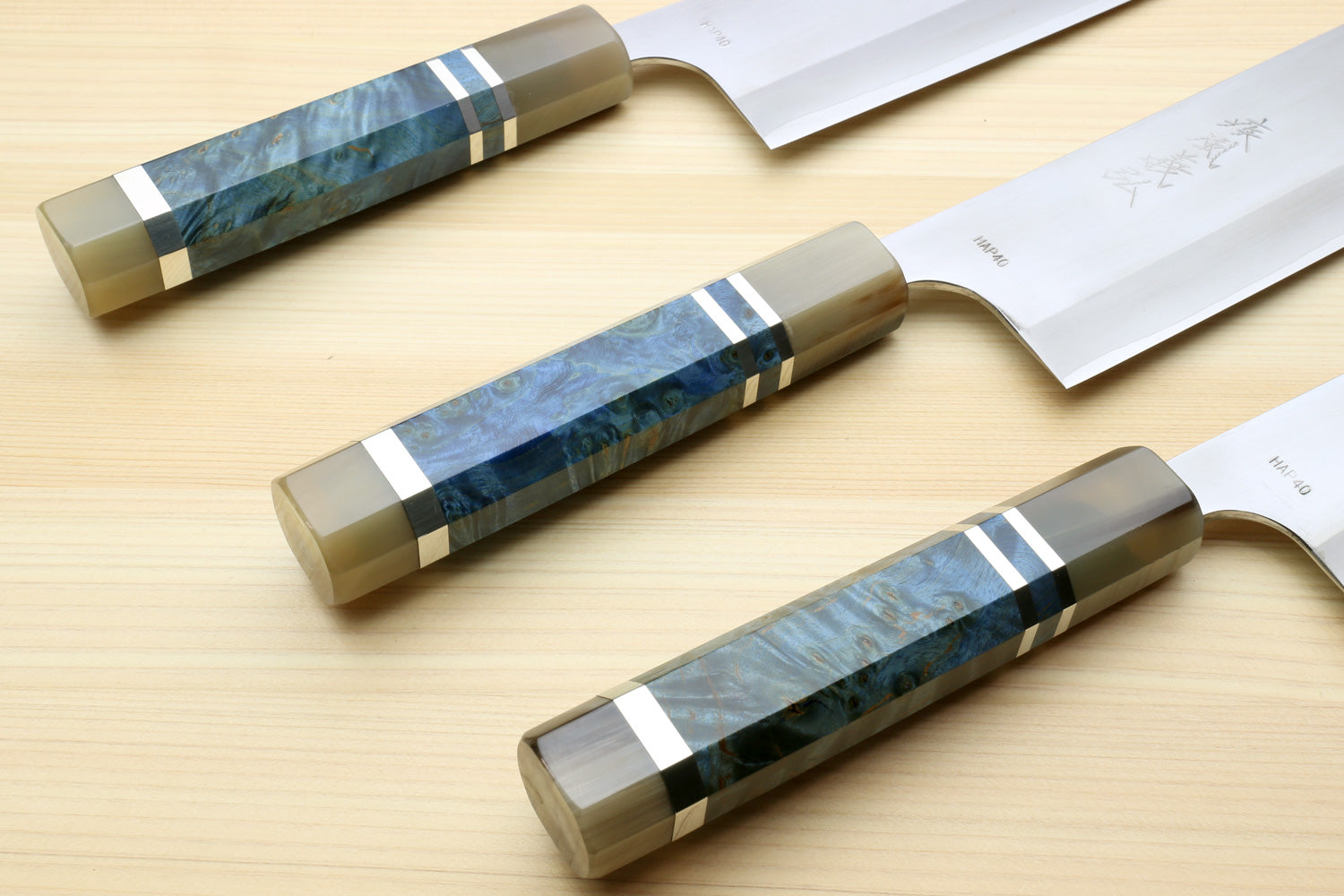 Yoshihiro High Speed Steel HAP40 Nakiri Vegetable Chefs Knife with Ocean Blue Handle and Magnolia Saya Cover