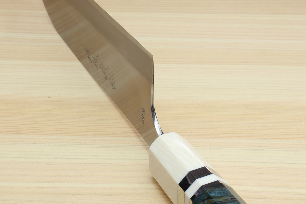Yoshihiro High Speed Steel HAP40 Santoku Multipurpose Chefs Knife Ocean Blue Handle with Alternative Ivory Bolster and Magnolia Saya Cover
