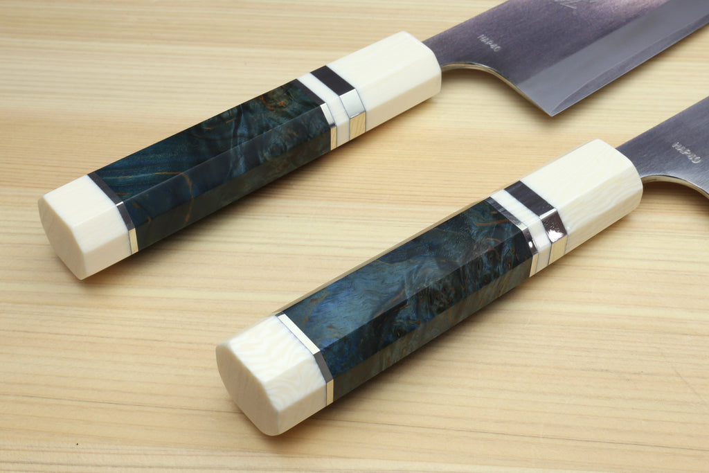 Yoshihiro High Speed Steel HAP40 Santoku Multipurpose Chefs Knife Ocean Blue Handle with Alternative Ivory Bolster and Magnolia Saya Cover
