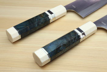 Santoku chef's knife pair: dark blue patterned handle and ivory bolster