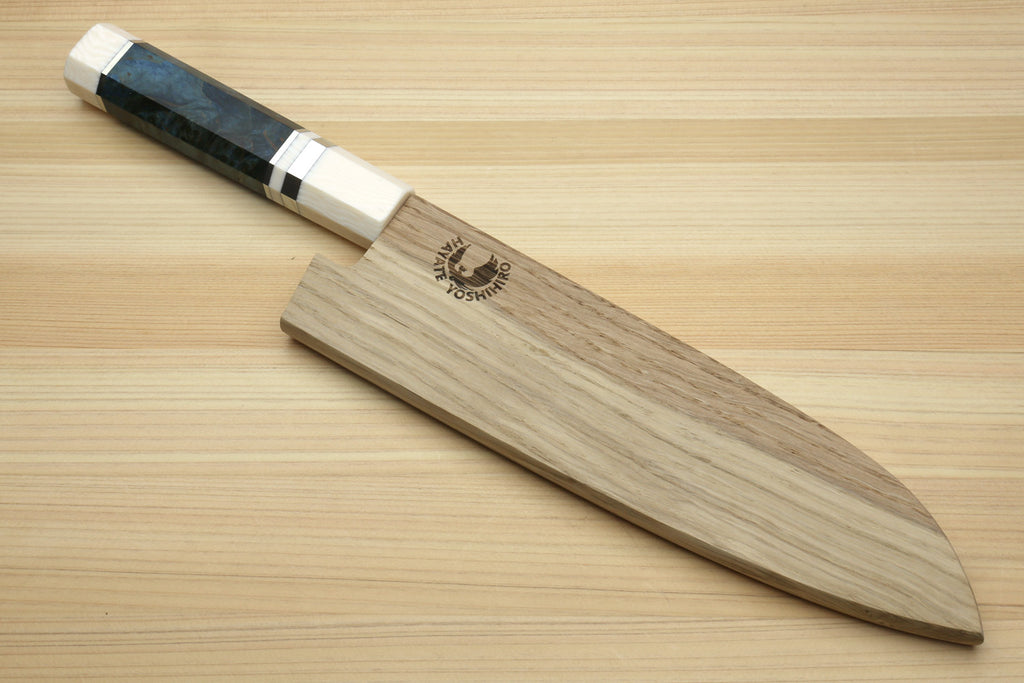 Yoshihiro High Speed Steel HAP40 Santoku Multipurpose Chefs Knife Ocean Blue Handle with Alternative Ivory Bolster and Magnolia Saya Cover