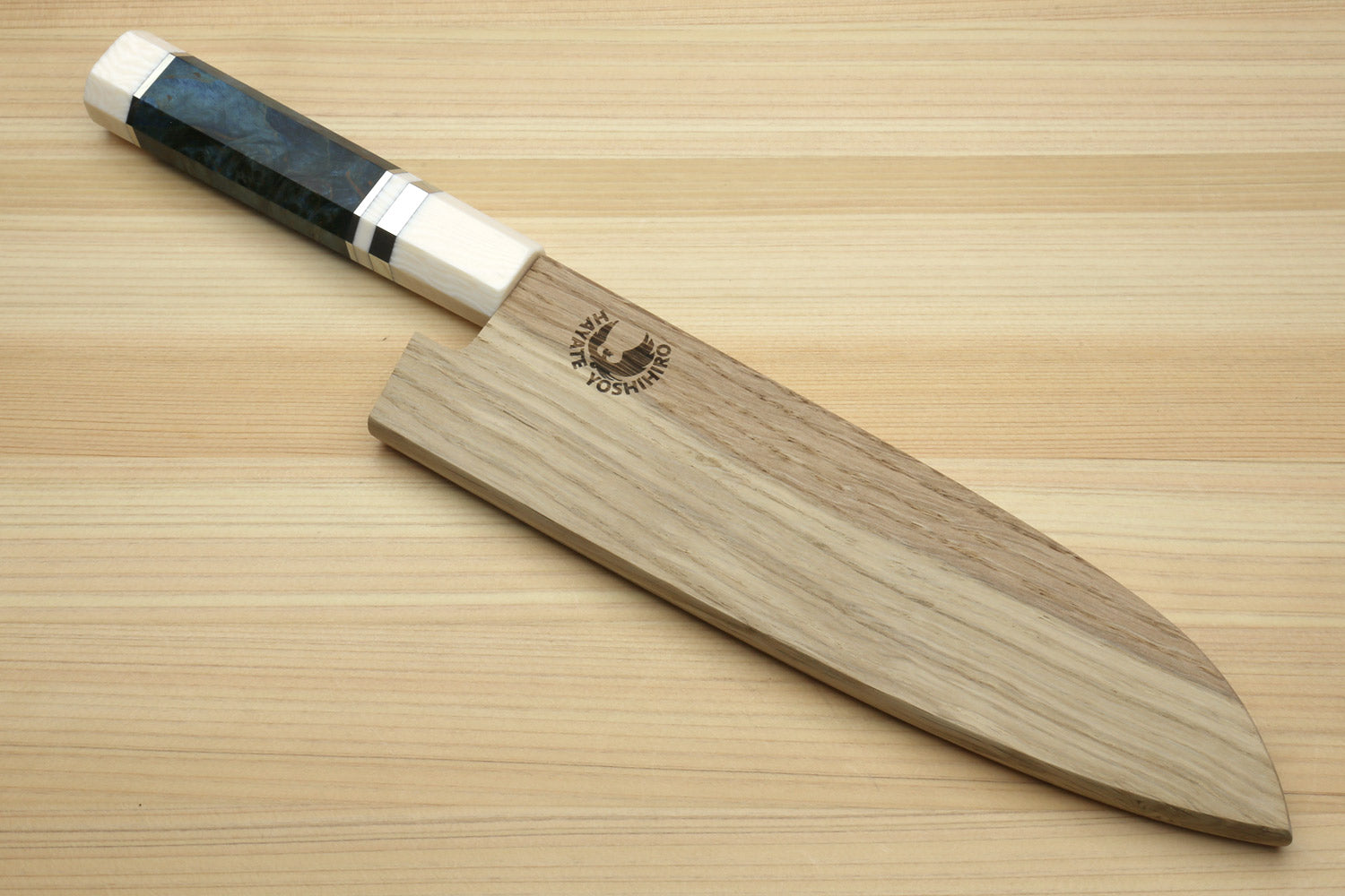 Yoshihiro High Speed Steel HAP40 Santoku Multipurpose Chefs Knife Ocean Blue Handle with Alternative Ivory Bolster and Magnolia Saya Cover
