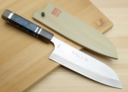 Yoshihiro High Speed Steel HAP40 Santoku Multipurpose Chefs Knife with Ocean Handle and Magnolia Saya Cover