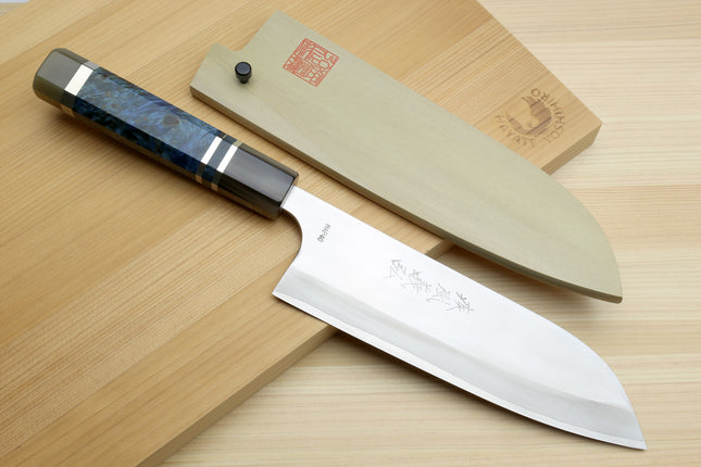 Yoshihiro High Speed Steel HAP40 Santoku Multipurpose Chefs Knife with Ocean Handle and Magnolia Saya Cover