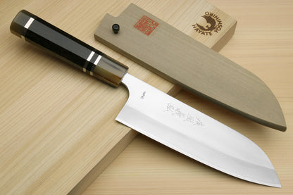 Yoshihiro High Speed Steel HAP40 Santoku Multipurpose Chefs Knife, Octagonal Ebony Wood Handle with Triple Ring