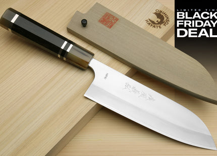 (BF Sale) Yoshihiro High Speed Steel HAP40 Santoku Multipurpose Chefs Knife, Octagonal Ebony Wood Handle with Triple Ring (Blade Length 7" (180mm))