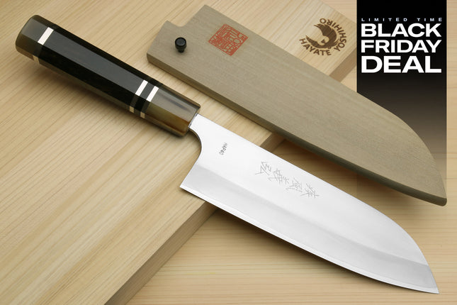 (BF Sale) Yoshihiro High Speed Steel HAP40 Santoku Multipurpose Chefs Knife, Octagonal Ebony Wood Handle with Triple Ring (Blade Length 7" (180mm))