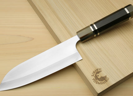 Yoshihiro High Speed Steel HAP40 Santoku Multipurpose Chefs Knife, Octagonal Ebony Wood Handle with Triple Ring
