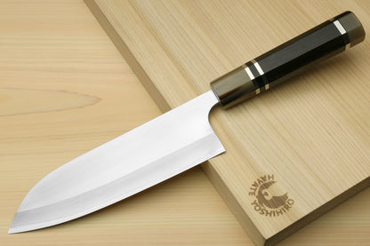 Yoshihiro High Speed Steel HAP40 Santoku Multipurpose Chefs Knife, Octagonal Ebony Wood Handle with Triple Ring