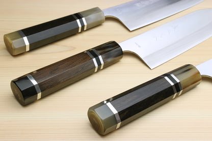 Yoshihiro High Speed Steel HAP40 Santoku Multipurpose Chefs Knife, Octagonal Ebony Wood Handle with Triple Ring
