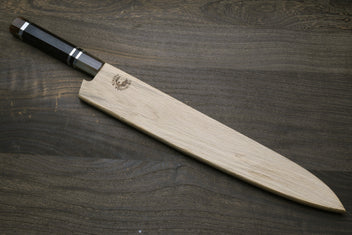 Sujihiki slicer knife with dark ebony triple-ring handle, polished blade, wood saya